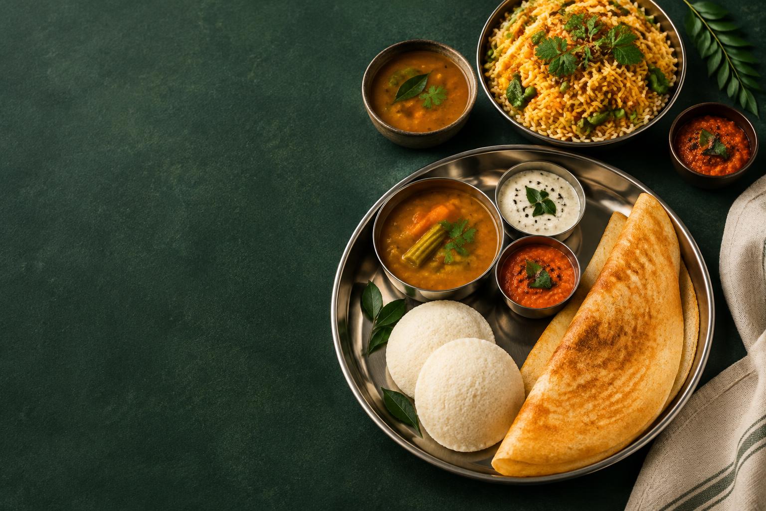 Homemade Indian dosa, idli, sambar, chutneys and vegetable biryani